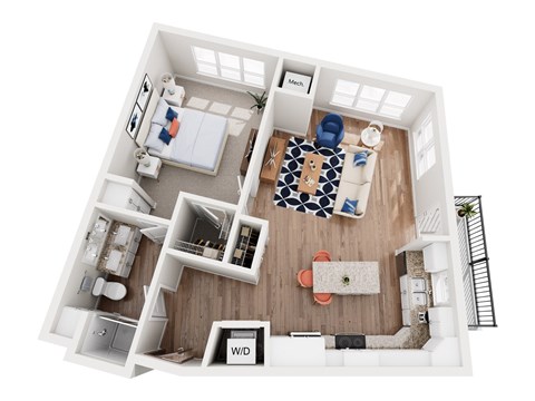 Floor plan for 1 bed, 1 bath, 843 sqft